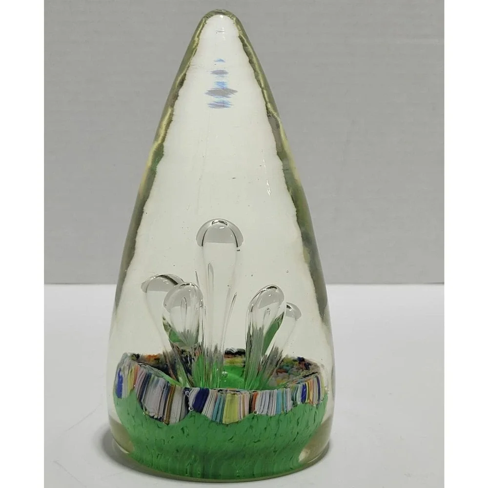 Teardrop Egg Shaped Bubbles Green Multicolor Art Glass Paperweight Stalagmites - Picture 6 of 16